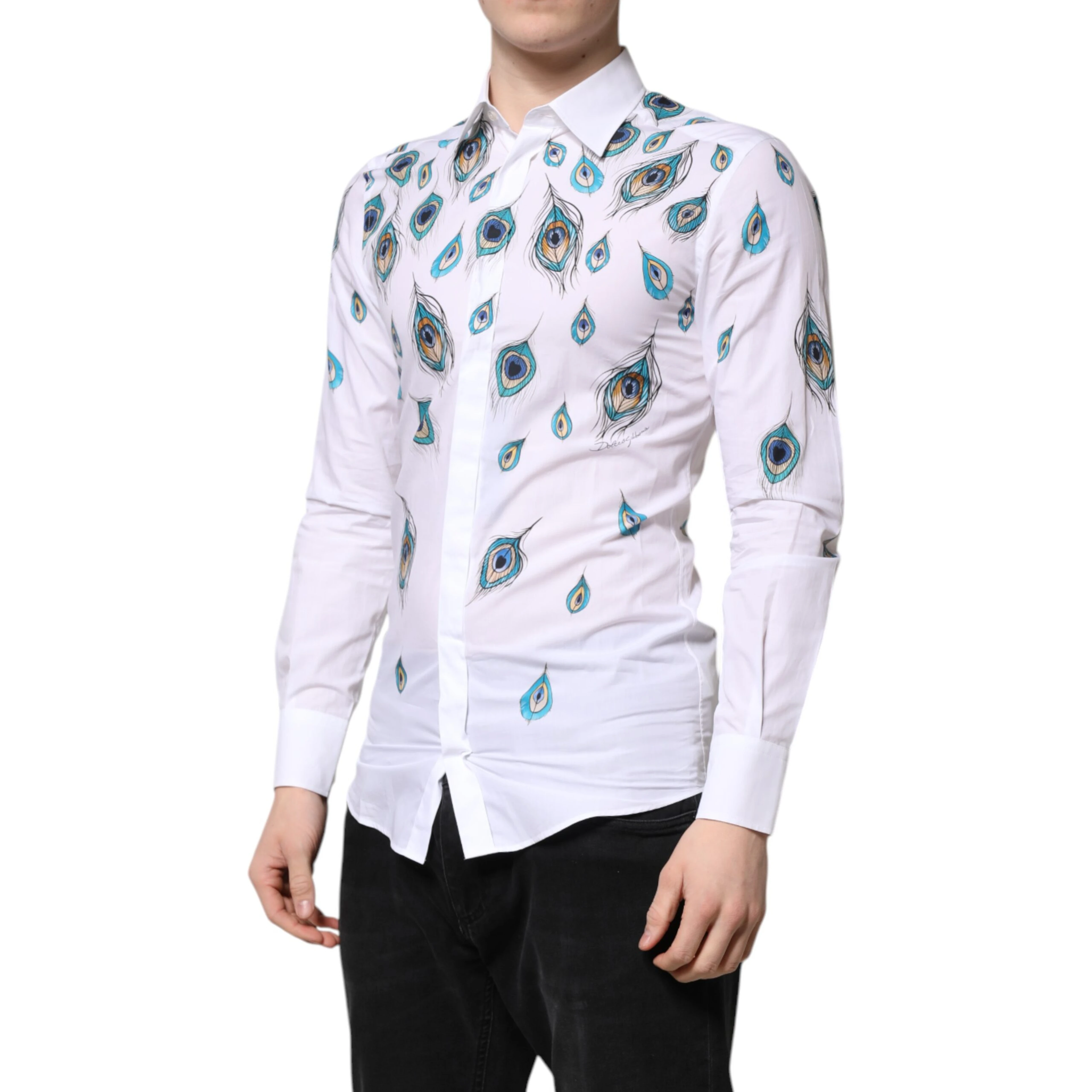 White Cotton Feather Print GOLD Dress Shirt