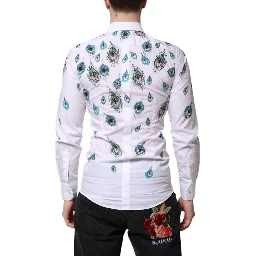 White Cotton Feather Print GOLD Dress Shirt