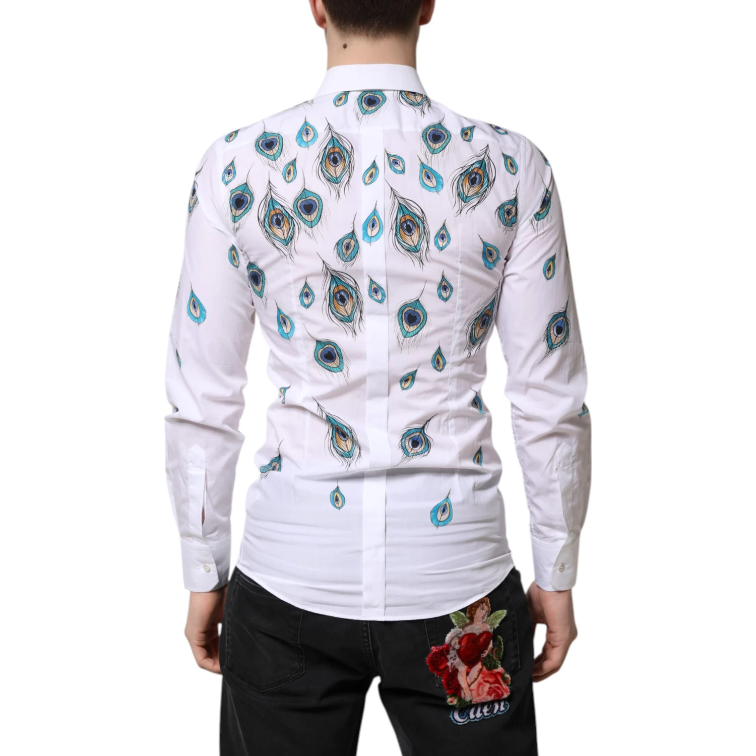 White Cotton Feather Print GOLD Dress Shirt