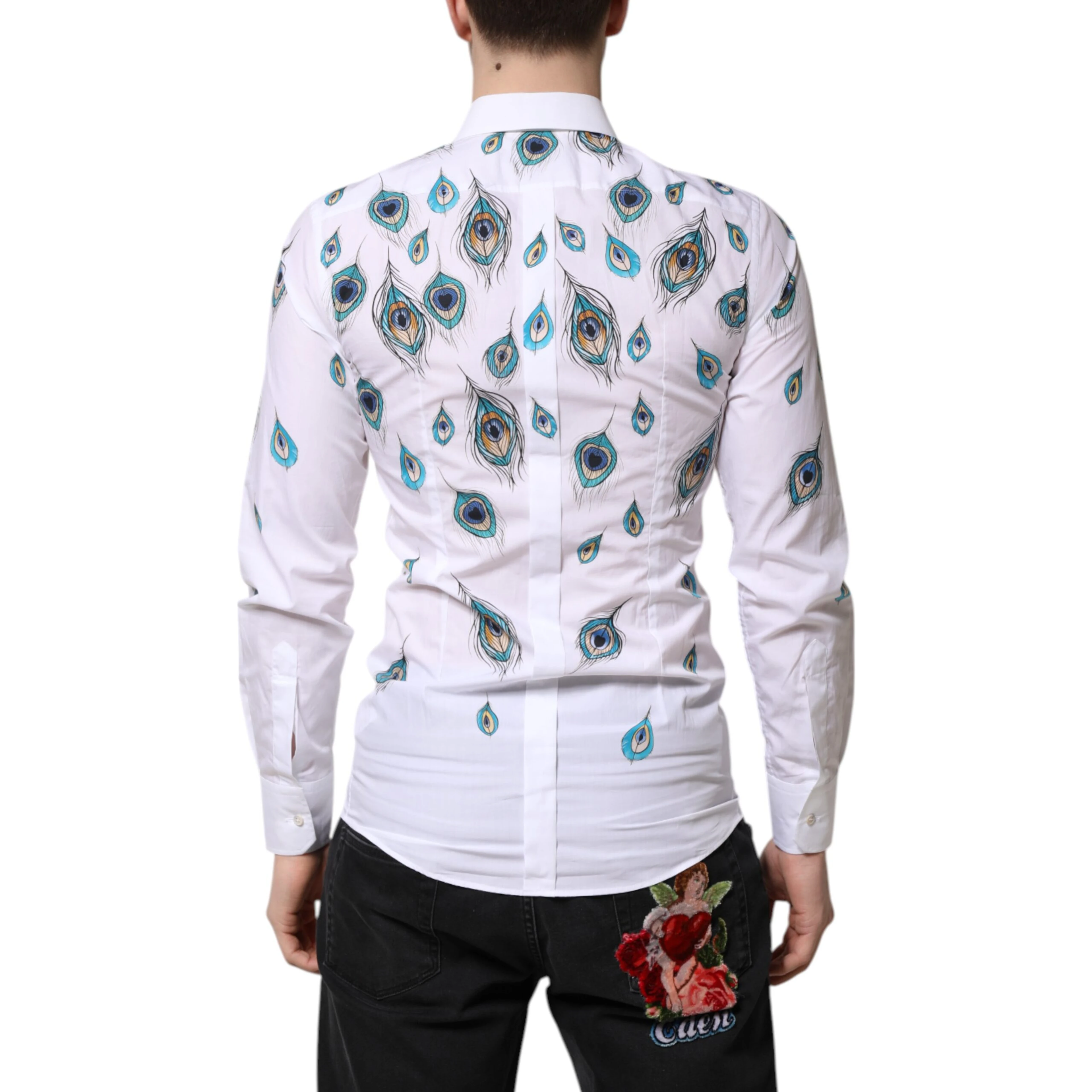 White Cotton Feather Print GOLD Dress Shirt