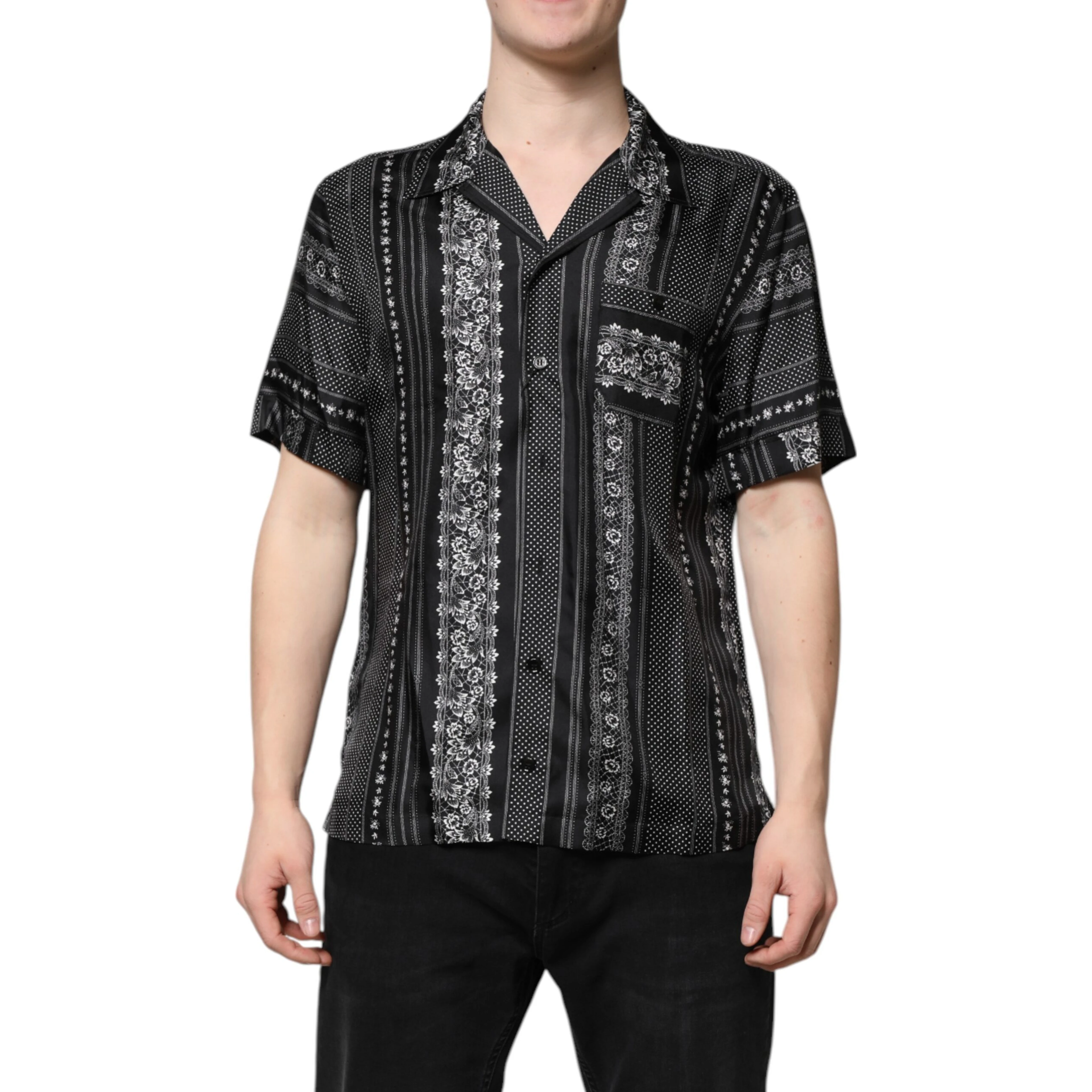 Black Silk Floral Print Short Sleeves Shirt