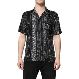 Black Silk Floral Print Short Sleeves Shirt
