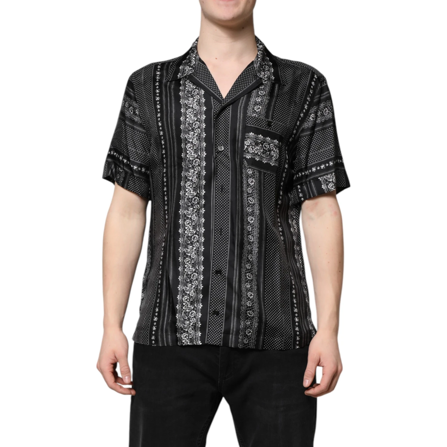 Black Silk Floral Print Short Sleeves Shirt