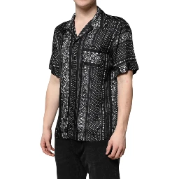 Black Silk Floral Print Short Sleeves Shirt