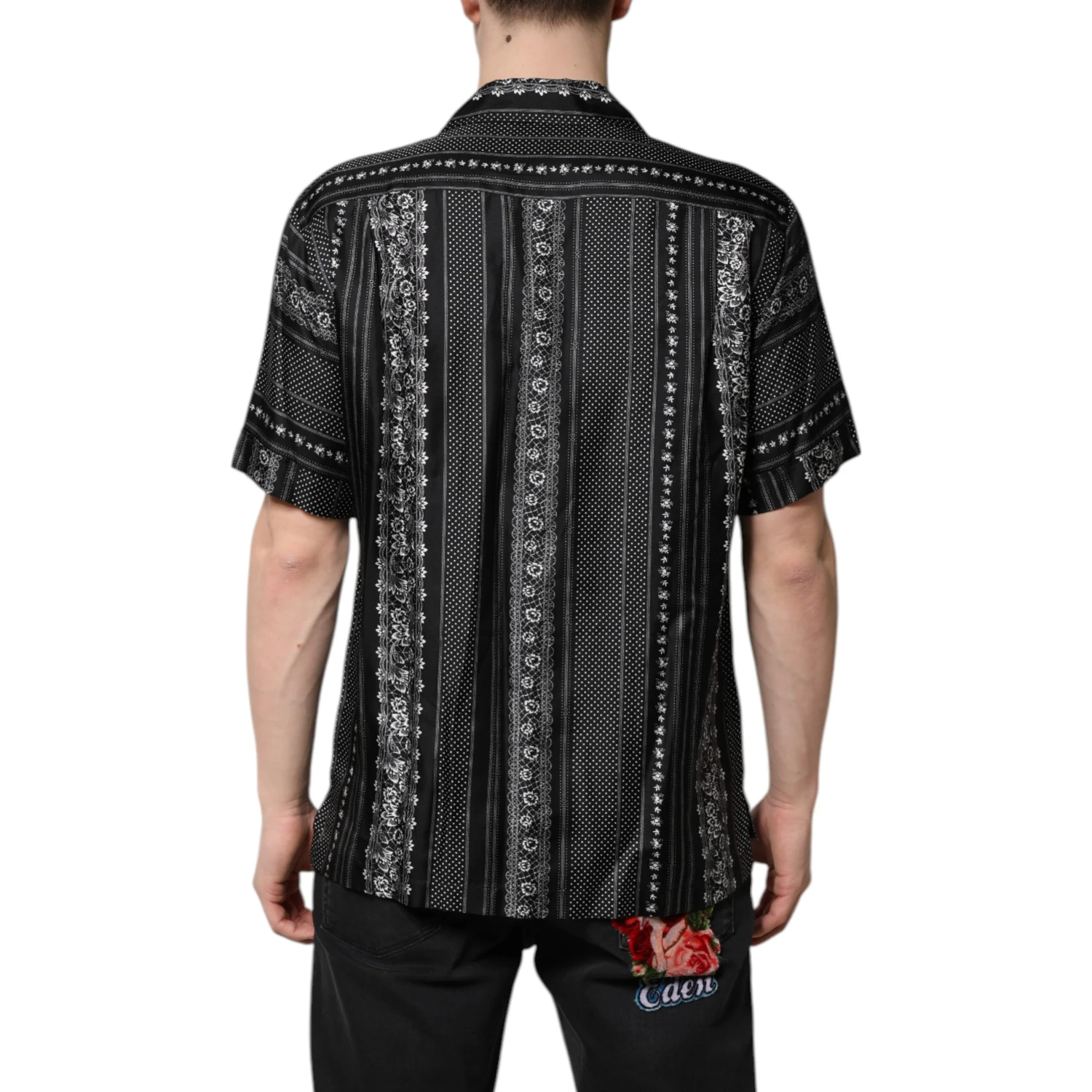 Black Silk Floral Print Short Sleeves Shirt