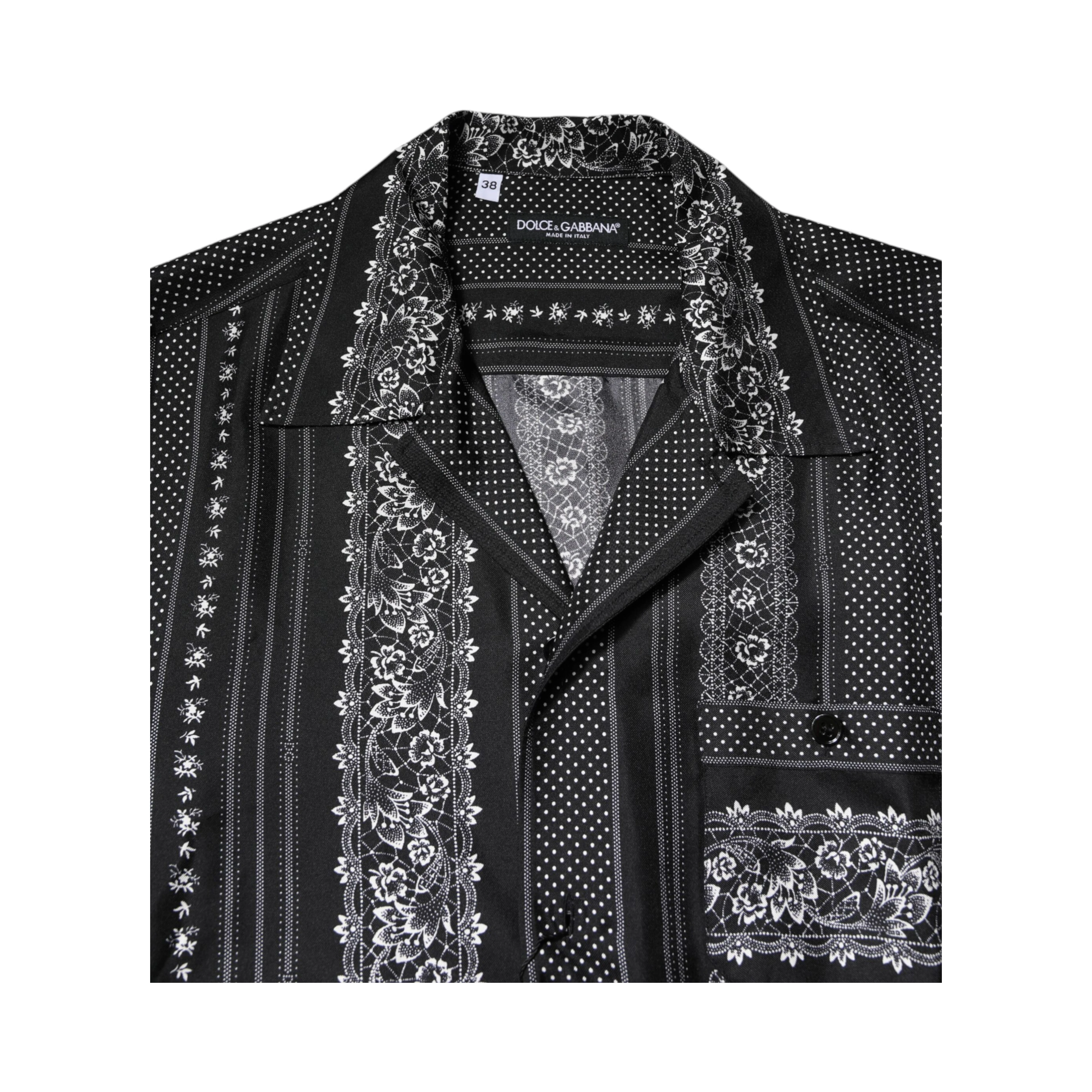 Black Silk Floral Print Short Sleeves Shirt