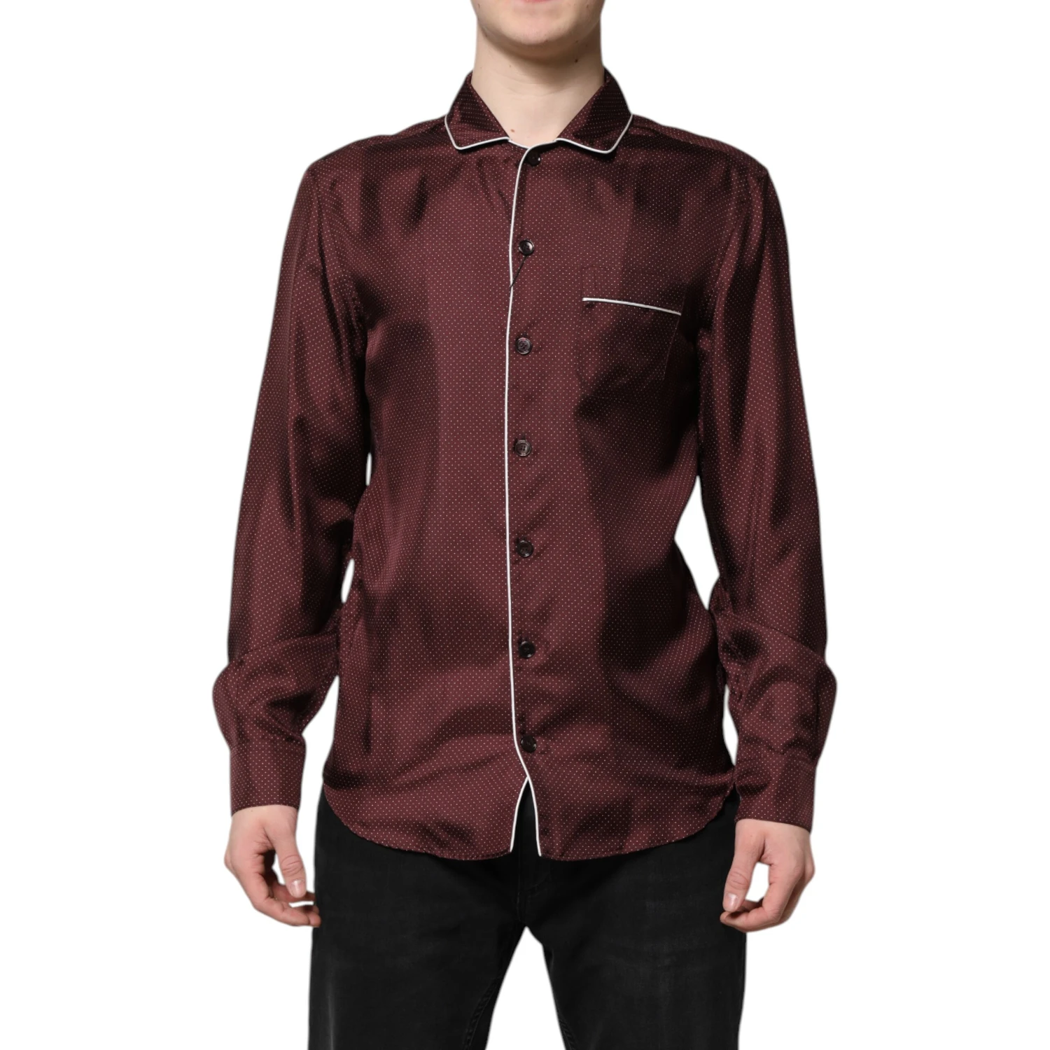 Burgundy Silk Dotted Long Sleeves Shirt