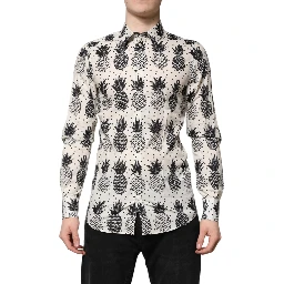 White Pineapple Print Long Sleeve GOLD Shirt