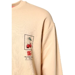 Beige Cherry Print Crew Neck Pullover Sweater