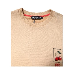 Beige Cherry Print Crew Neck Pullover Sweater