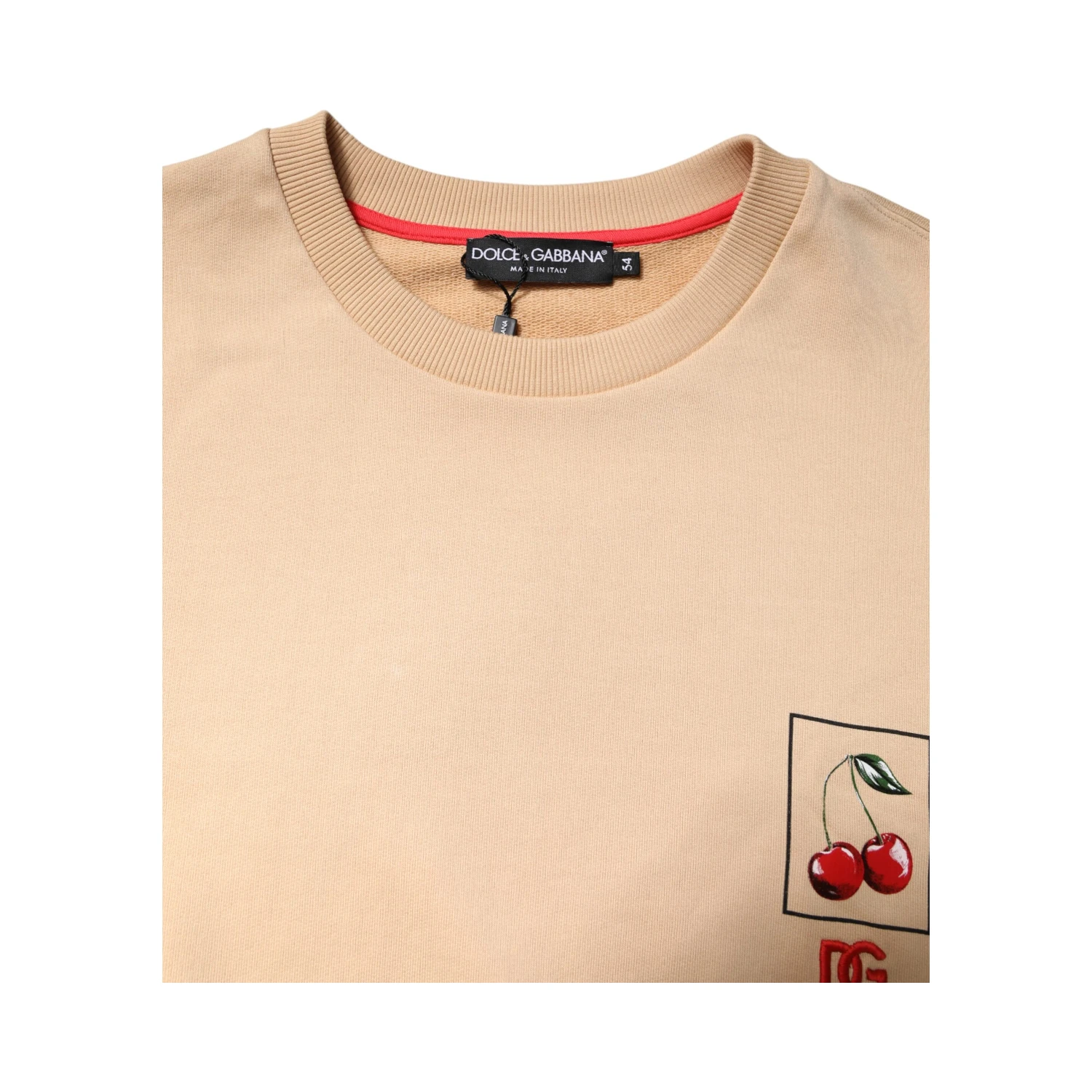 Beige Cherry Print Crew Neck Pullover Sweater