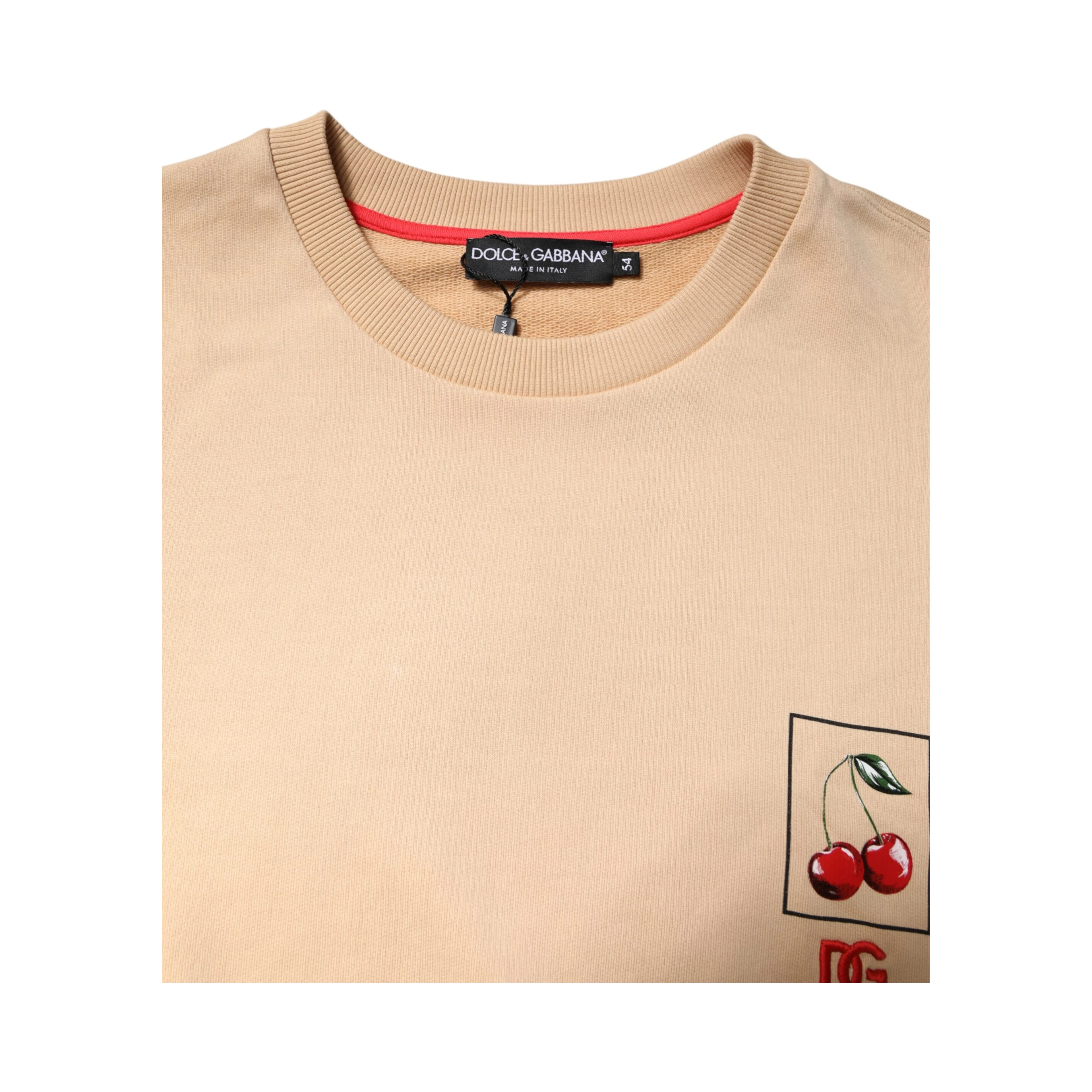 Beige Cherry Print Crew Neck Pullover Sweater