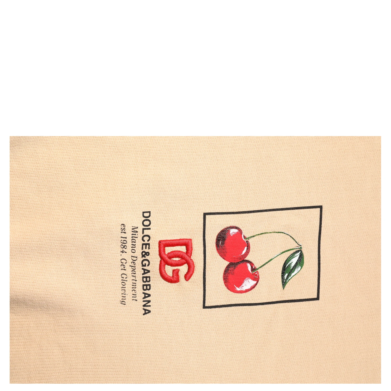 Beige Cherry Print Crew Neck Pullover Sweater