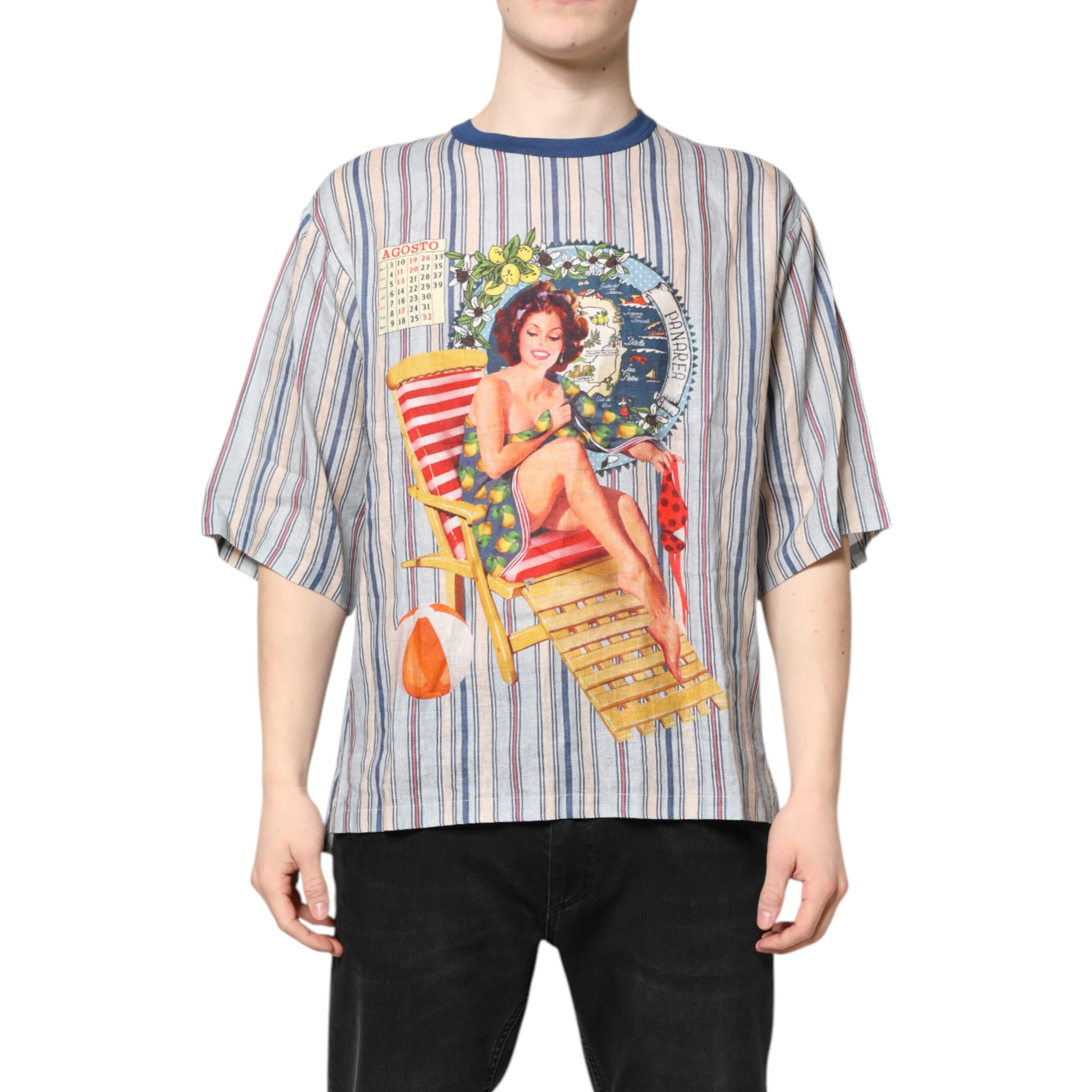 Multicolor Striped Pin Up Linen Round Neck T-shirt