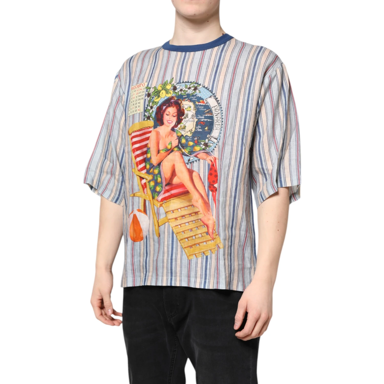 Multicolor Striped Pin Up Linen Round Neck T-shirt