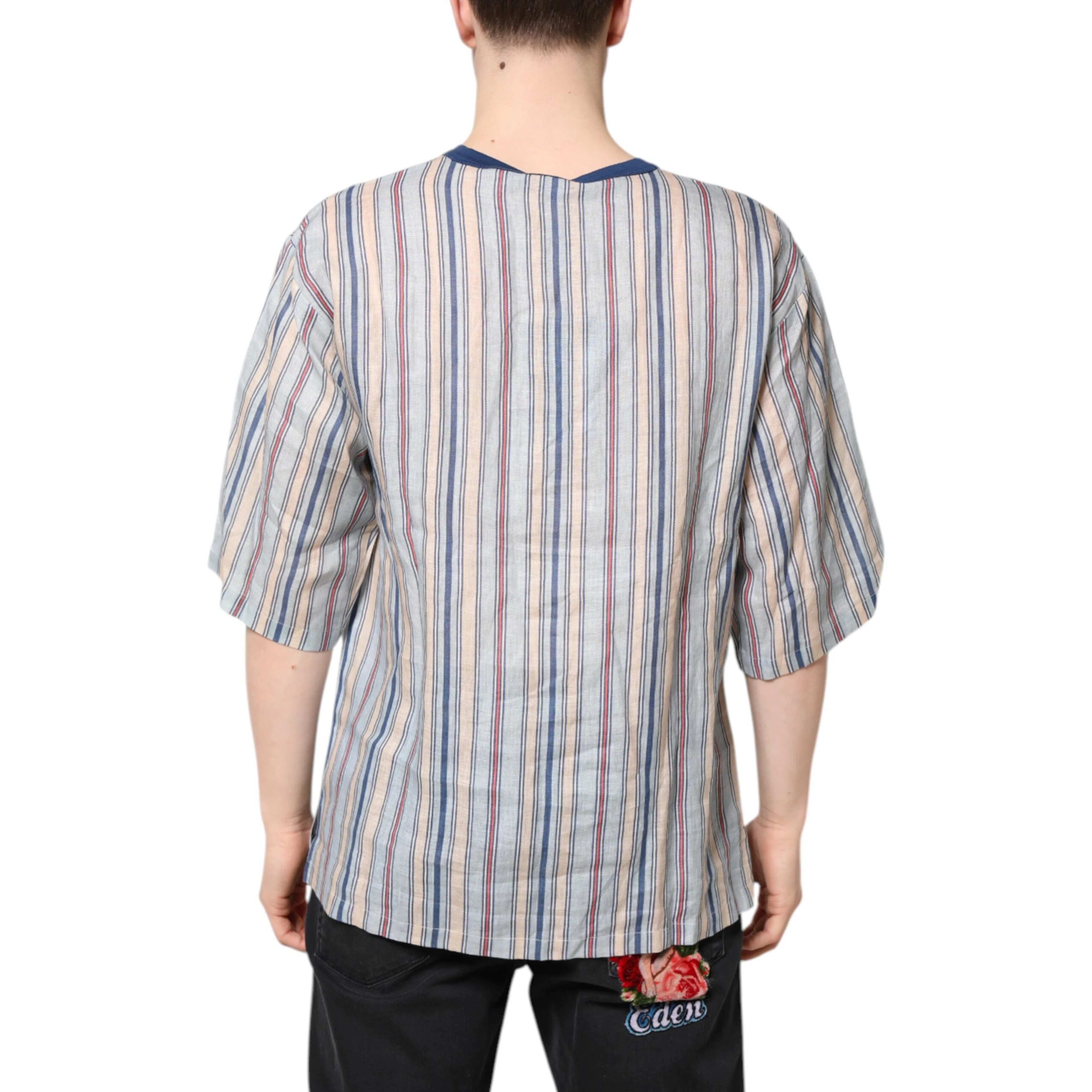 Multicolor Striped Pin Up Linen Round Neck T-shirt
