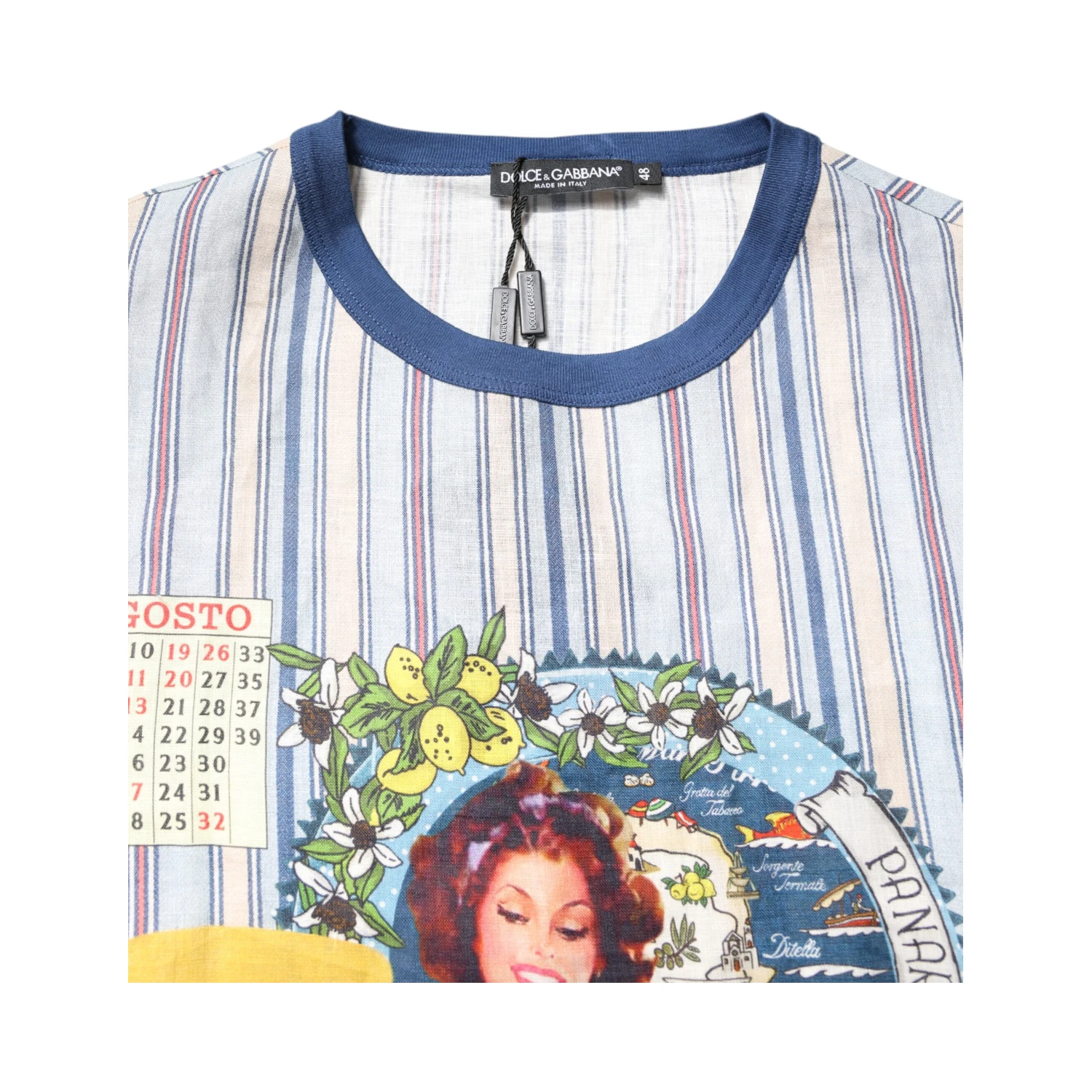 Multicolor Striped Pin Up Linen Round Neck T-shirt