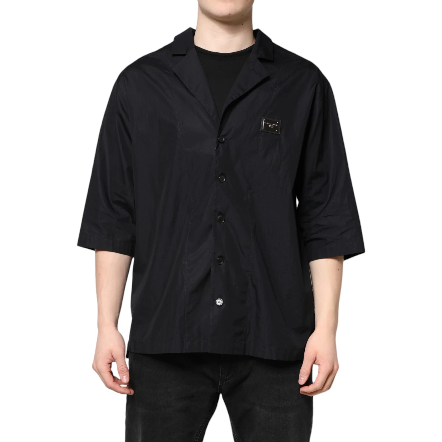 Black Short Sleeves Button Down Casual Shirt