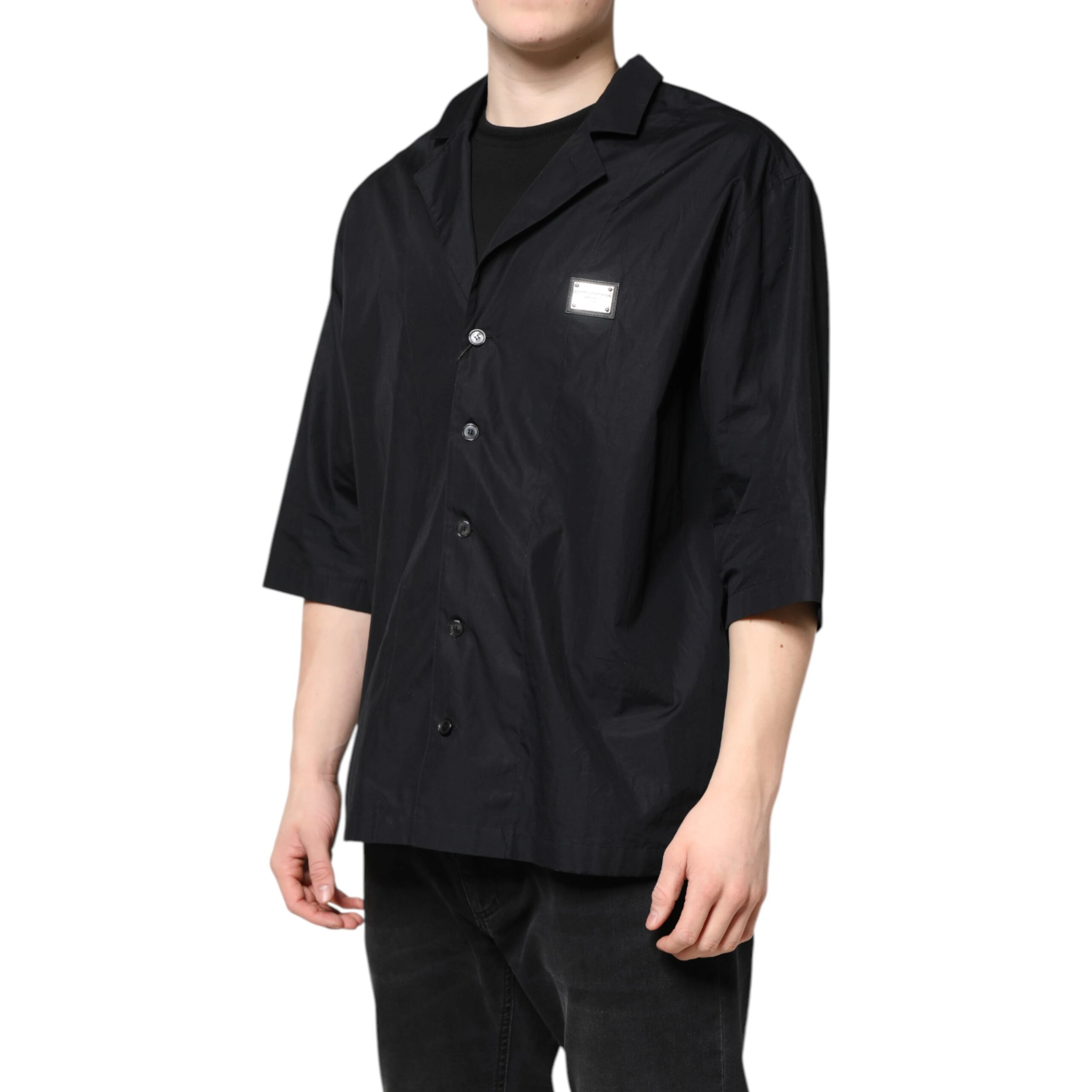 Black Short Sleeves Button Down Casual Shirt