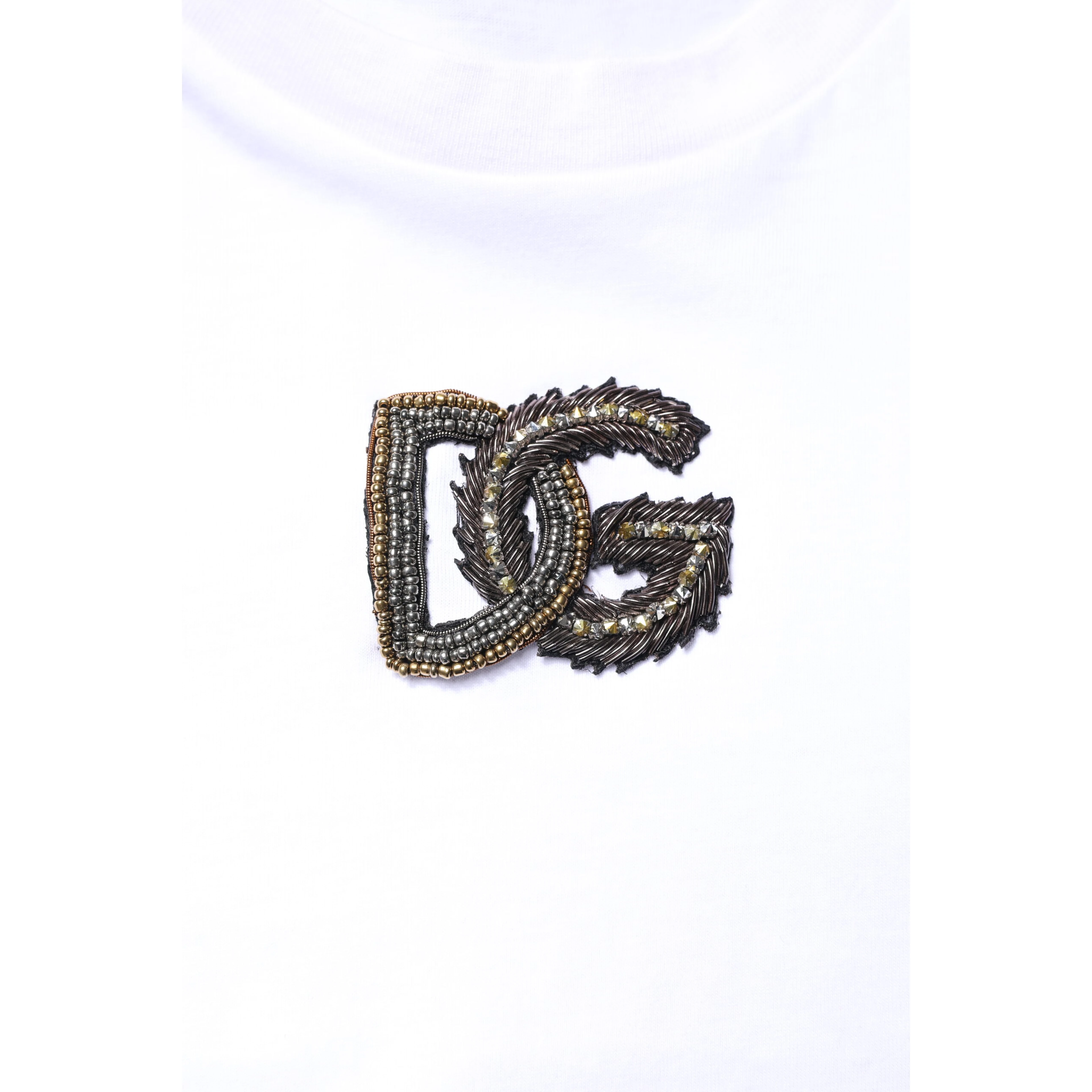 White Cotton DG Embroidery Crew Neck T-shirt