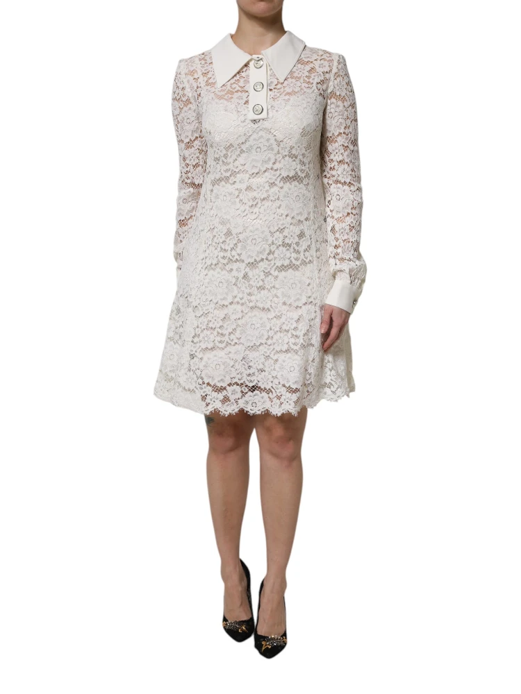 White Floral Lace Long Sleeves A-line Dress