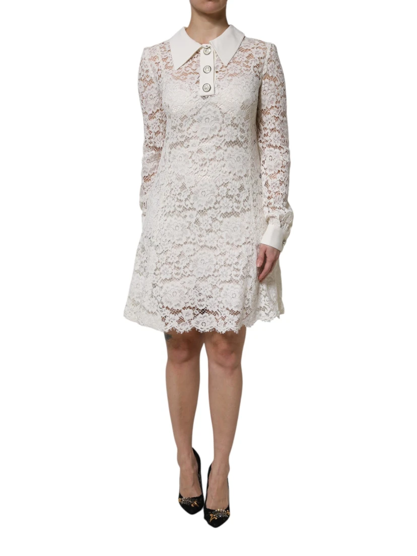 White Floral Lace Long Sleeves A-line Dress
