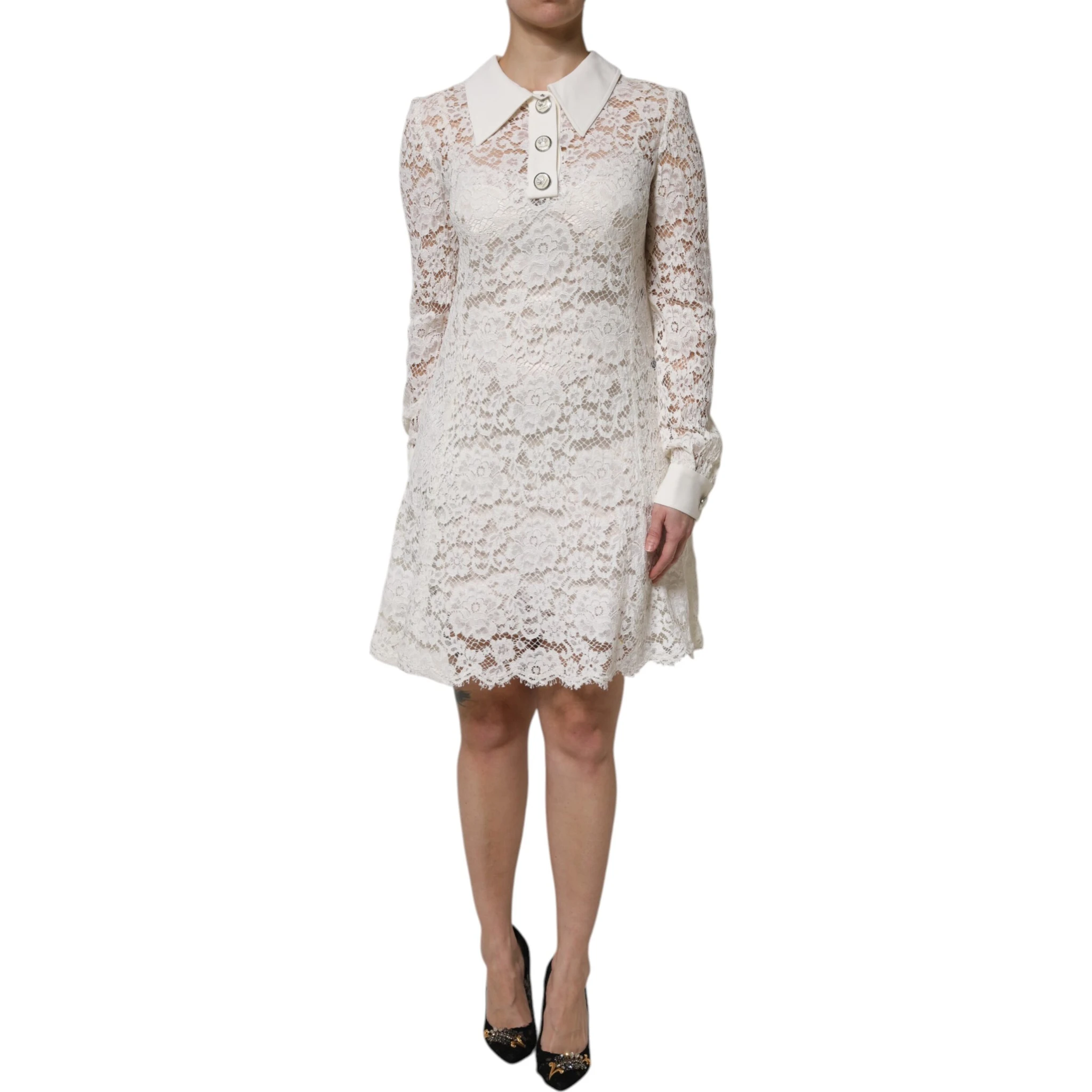 White Floral Lace Long Sleeves A-line Dress