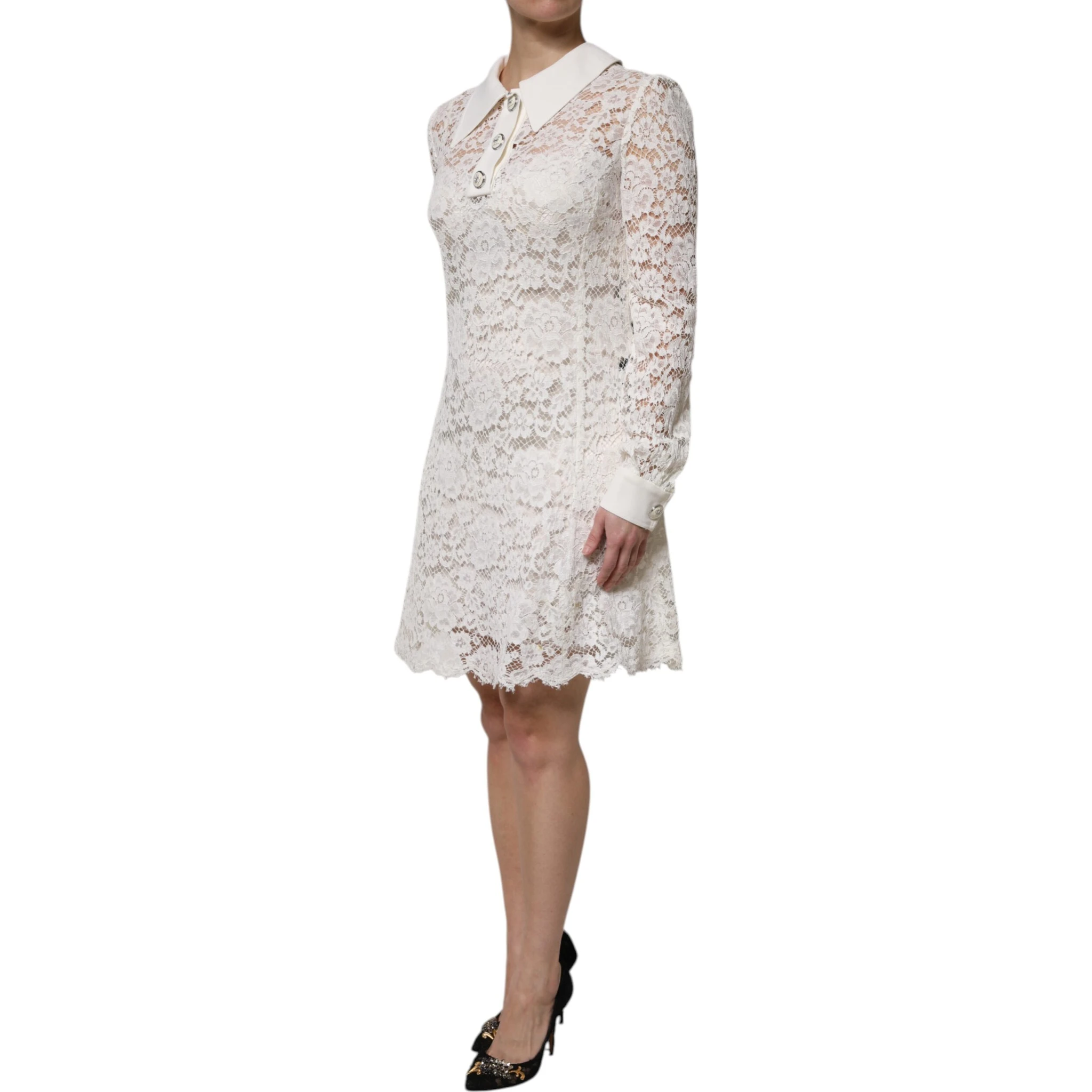 White Floral Lace Long Sleeves A-line Dress
