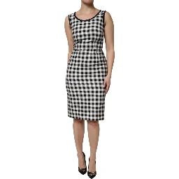 White Black Checkered Sleeveless Sheath Dress