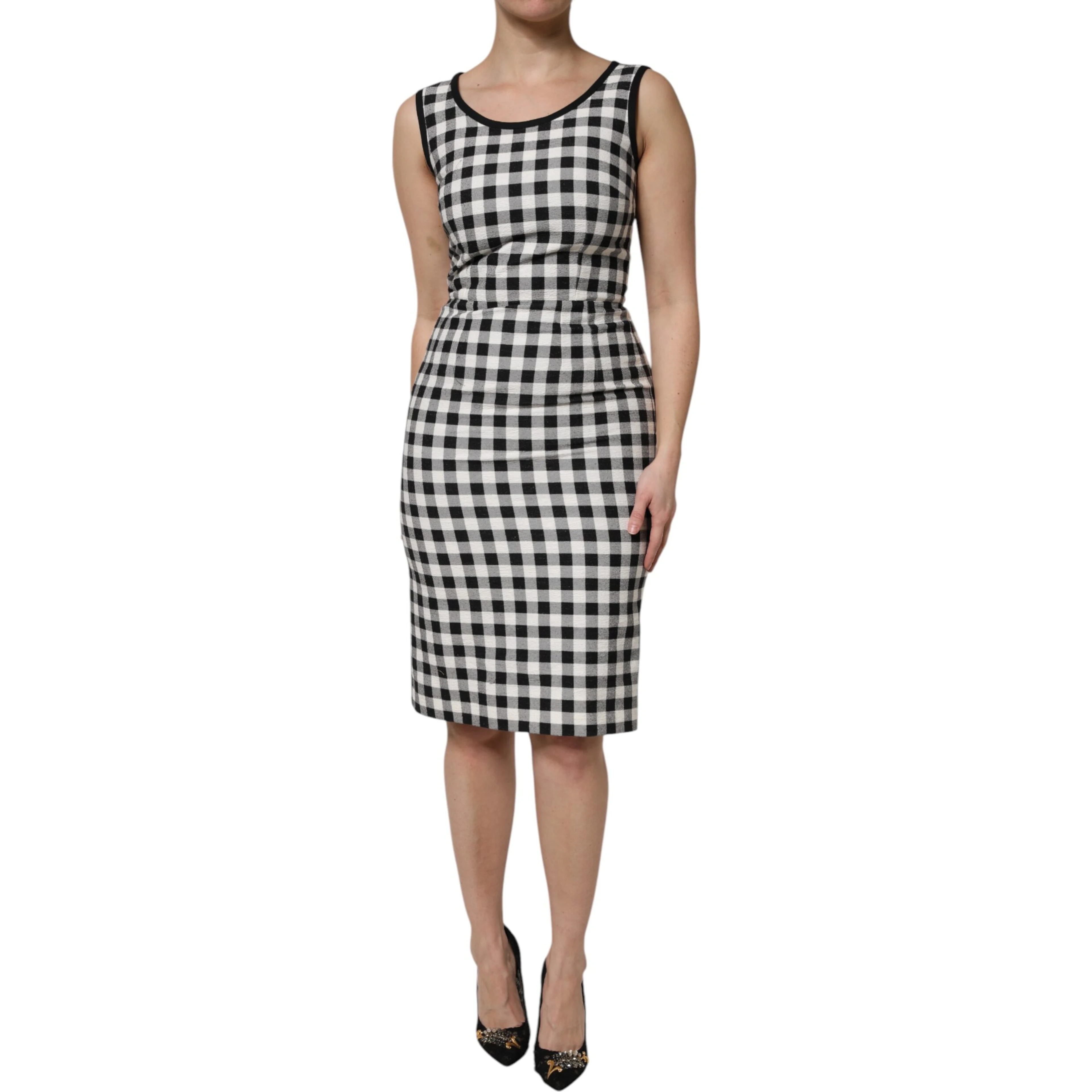 White Black Checkered Sleeveless Sheath Dress