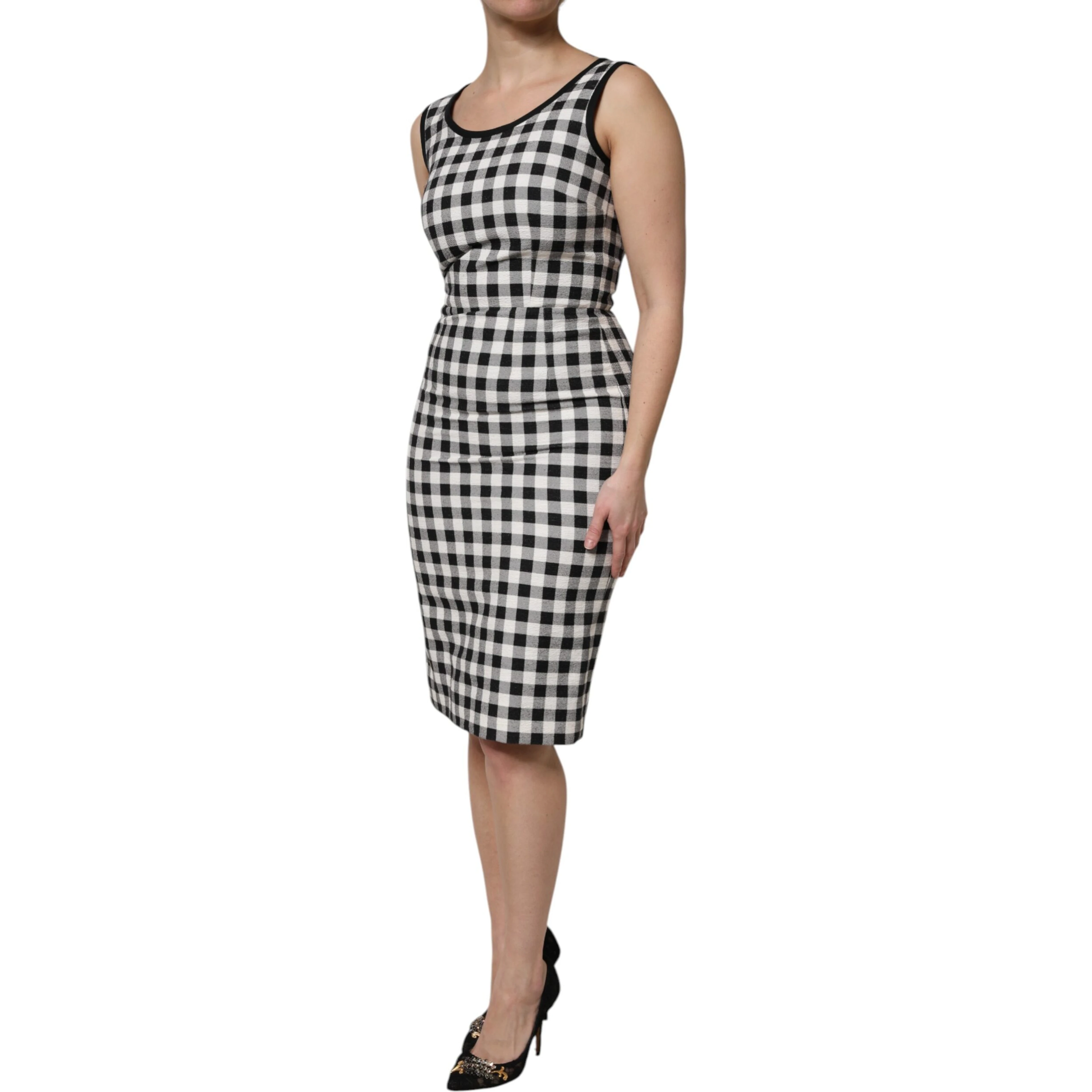 White Black Checkered Sleeveless Sheath Dress
