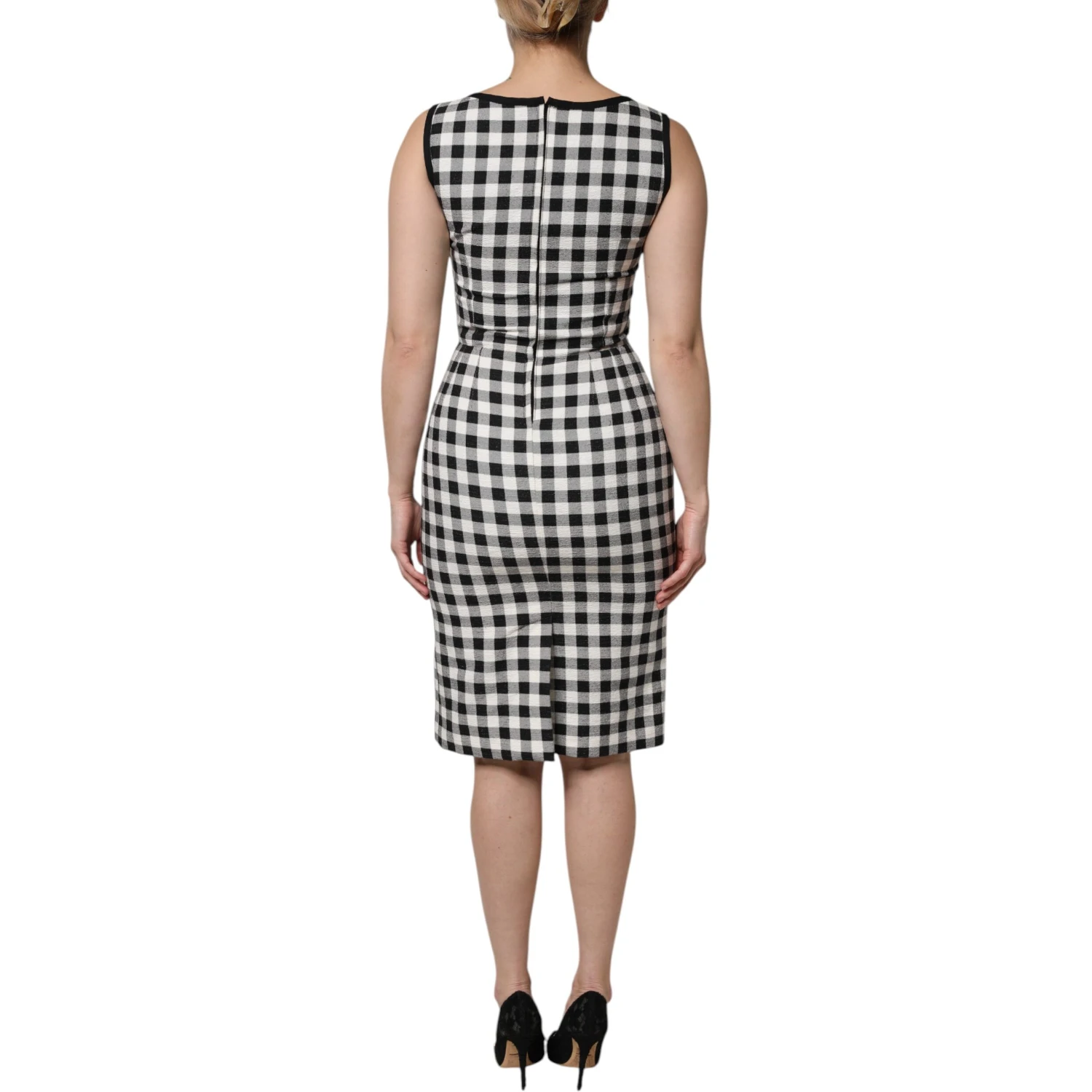 White Black Checkered Sleeveless Sheath Dress