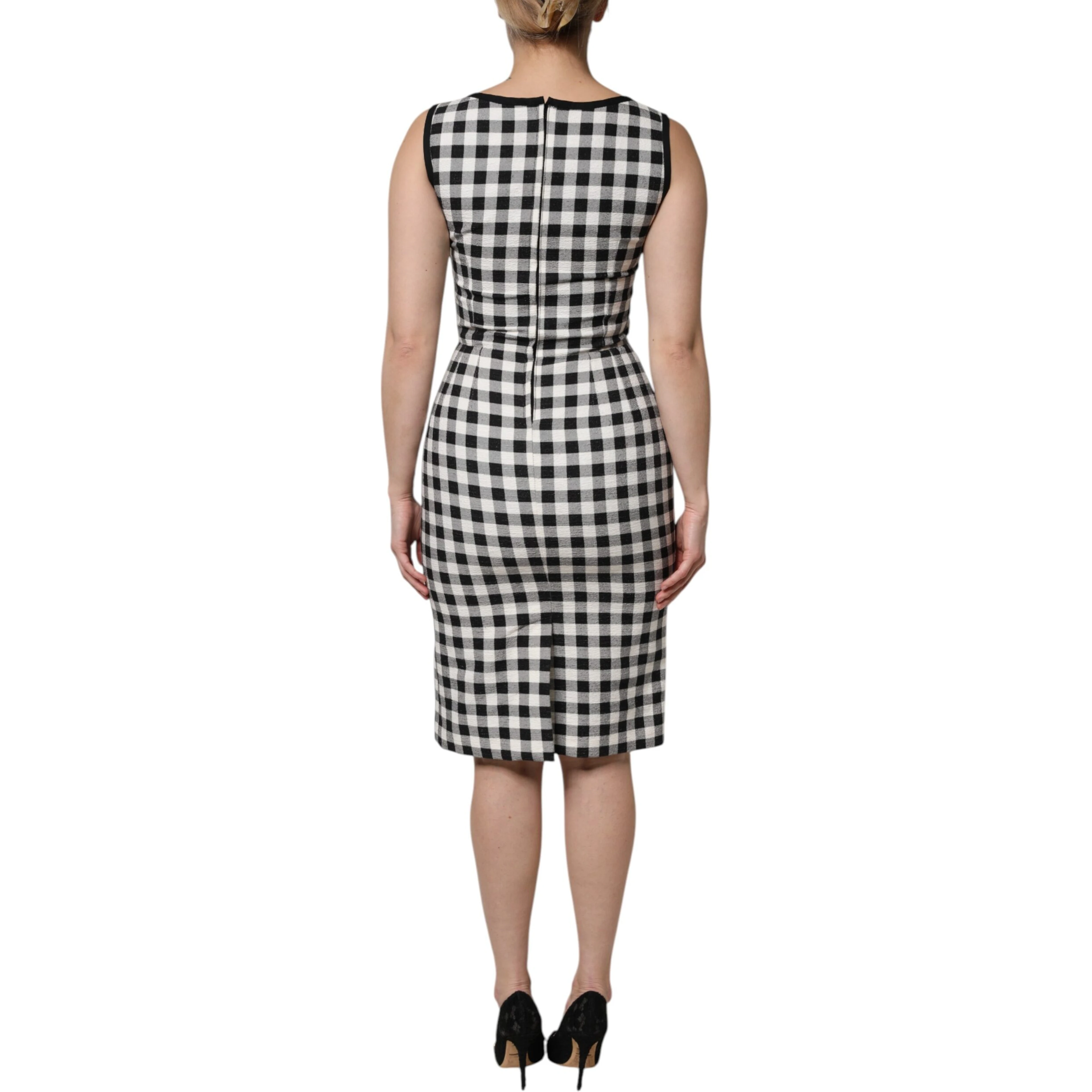 White Black Checkered Sleeveless Sheath Dress