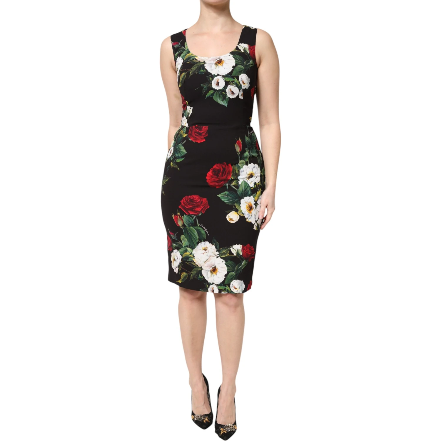Black Floral Print Sleeveless Sheath Dress