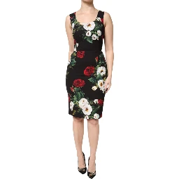 Black Floral Print Sleeveless Sheath Dress