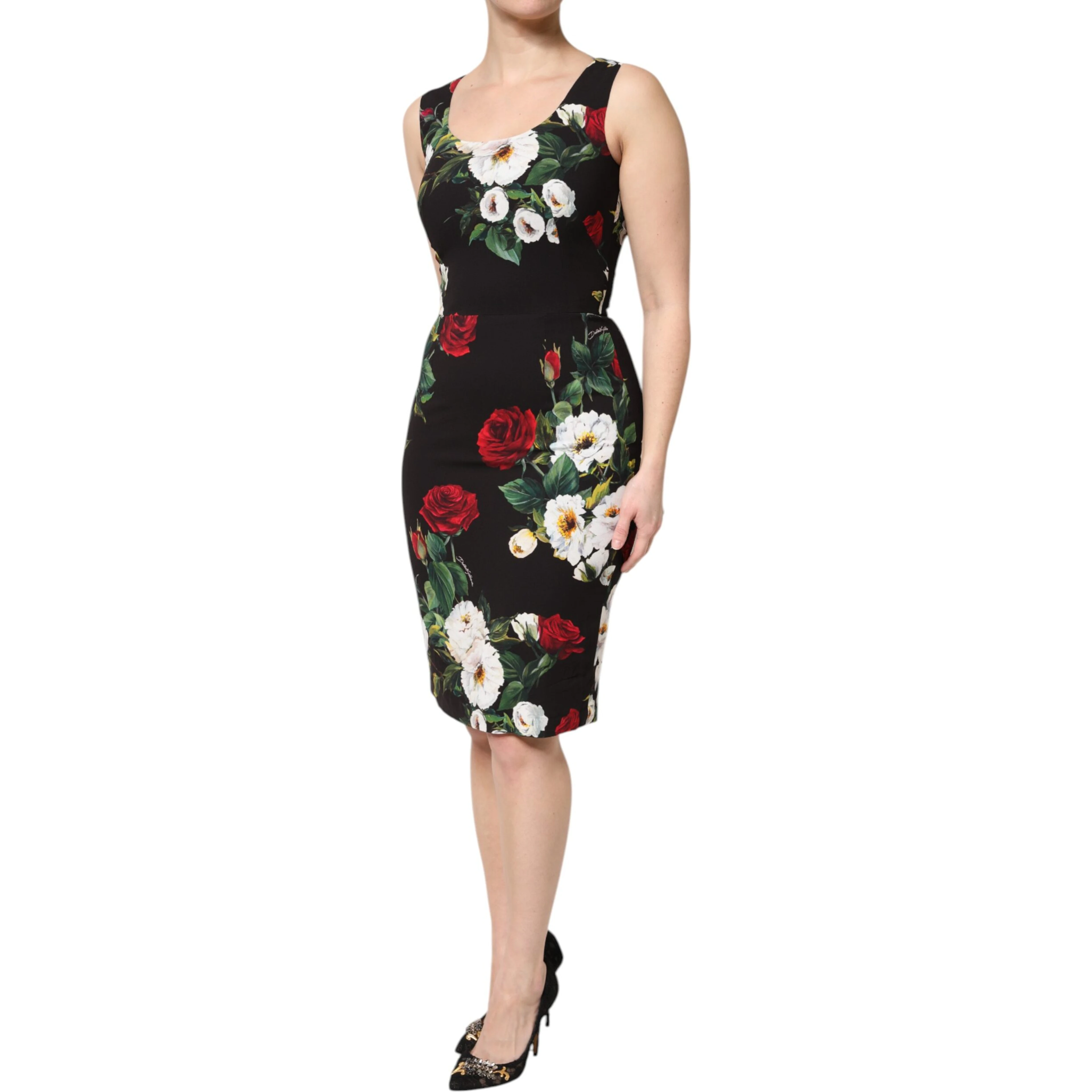 Black Floral Print Sleeveless Sheath Dress