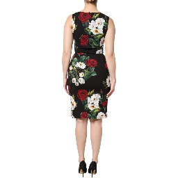 Black Floral Print Sleeveless Sheath Dress