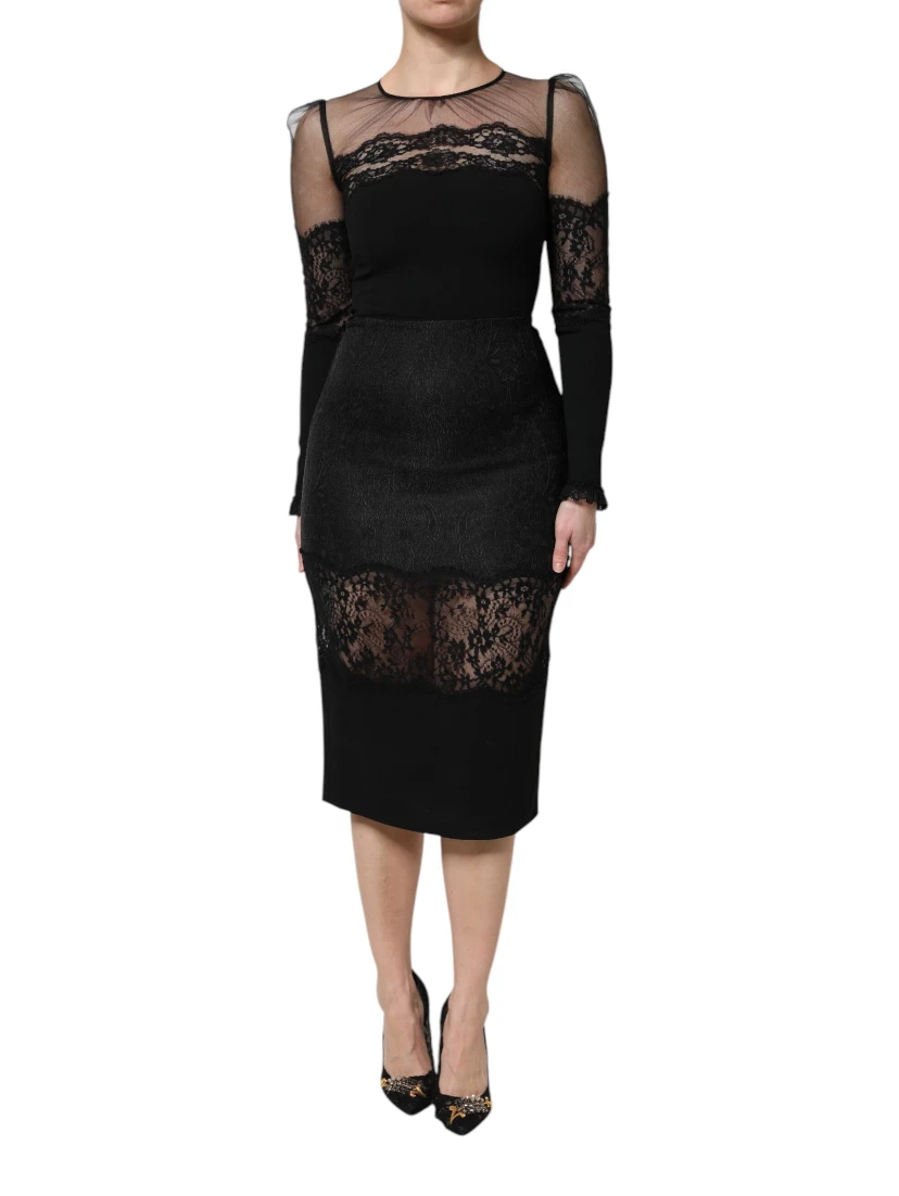 Black Lace Trim Nylon Tulle Sheath Midi Dress