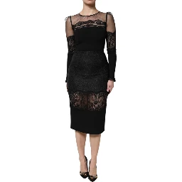 Black Lace Trim Nylon Tulle Sheath Midi Dress