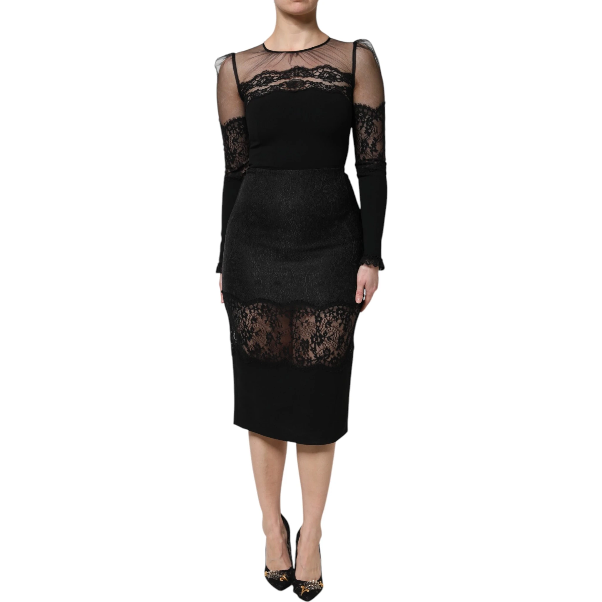 Black Lace Trim Nylon Tulle Sheath Midi Dress