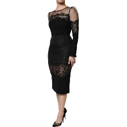 Black Lace Trim Nylon Tulle Sheath Midi Dress