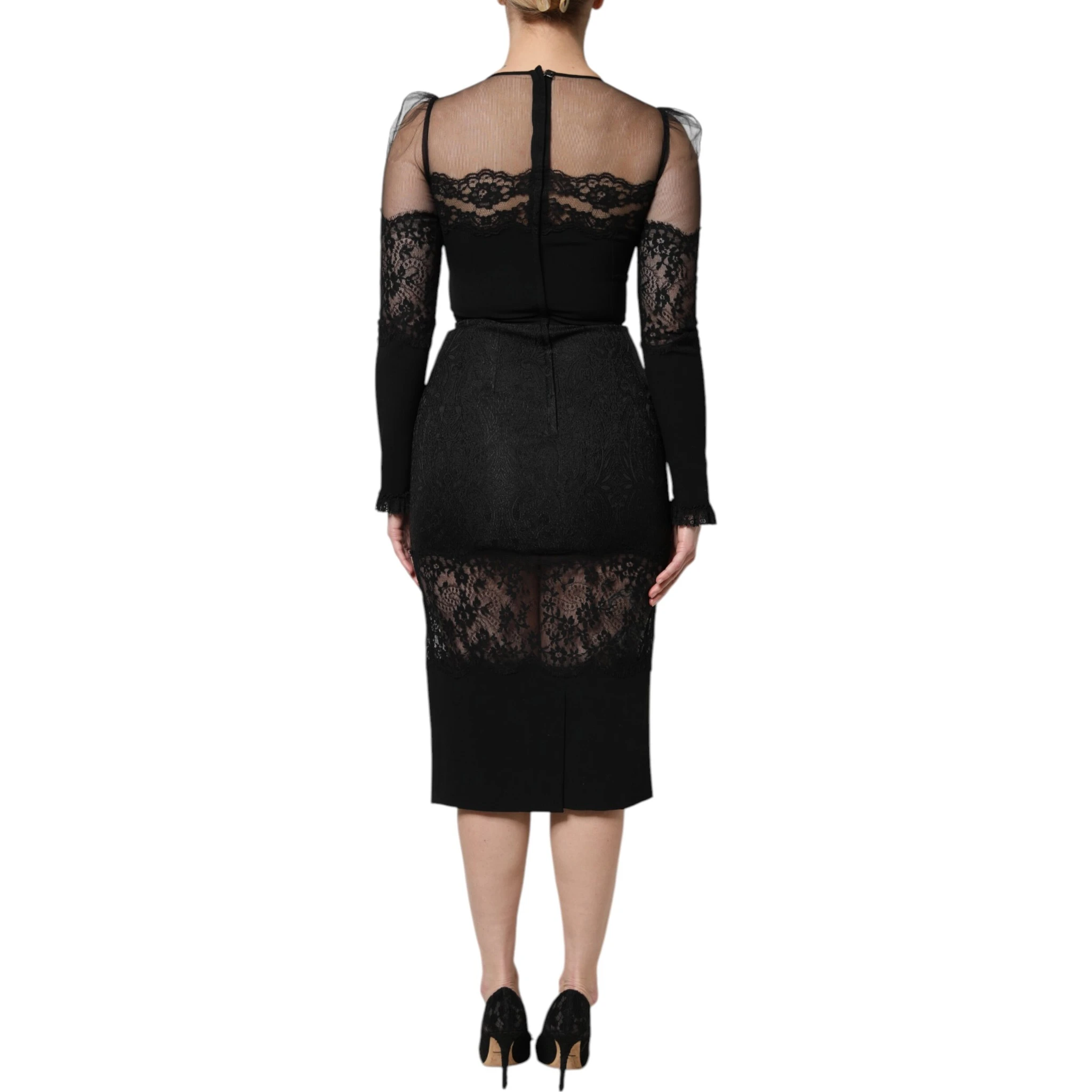 Black Lace Trim Nylon Tulle Sheath Midi Dress
