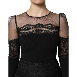 Black Lace Trim Nylon Tulle Sheath Midi Dress