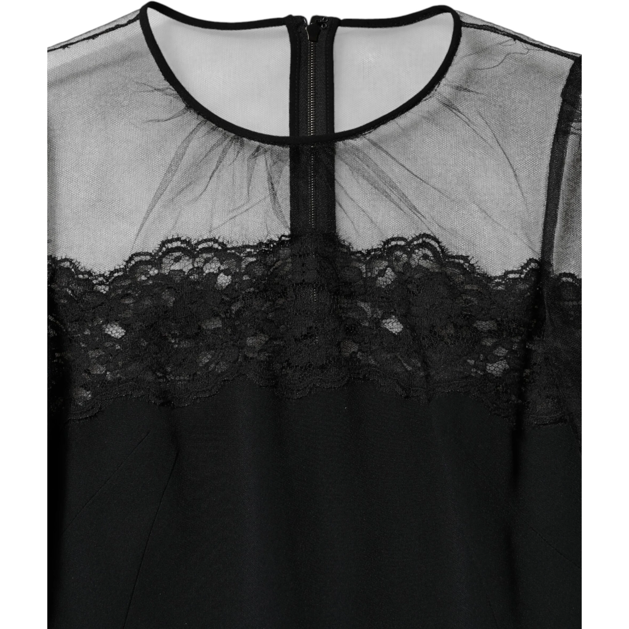Black Lace Trim Nylon Tulle Sheath Midi Dress