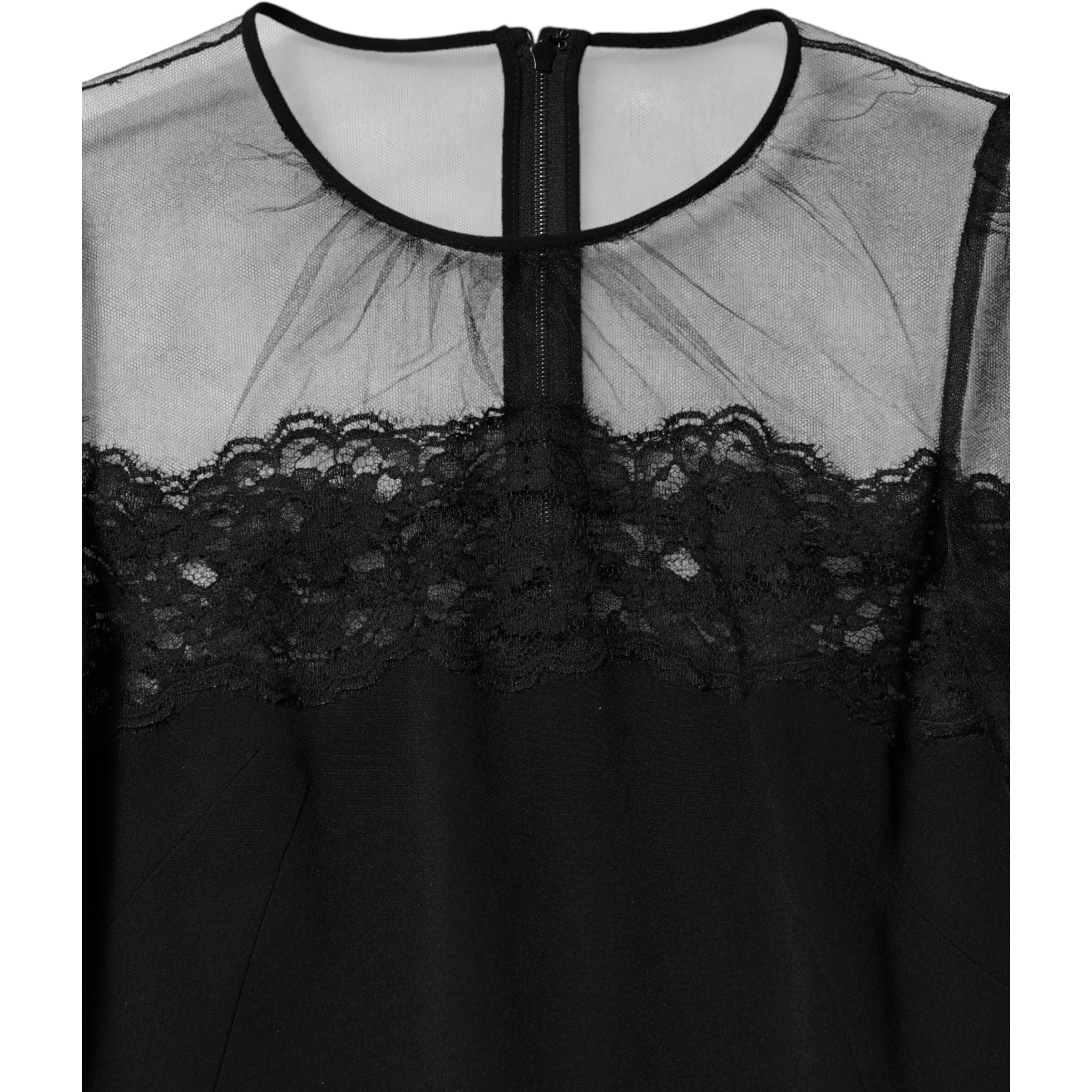 Black Lace Trim Nylon Tulle Sheath Midi Dress