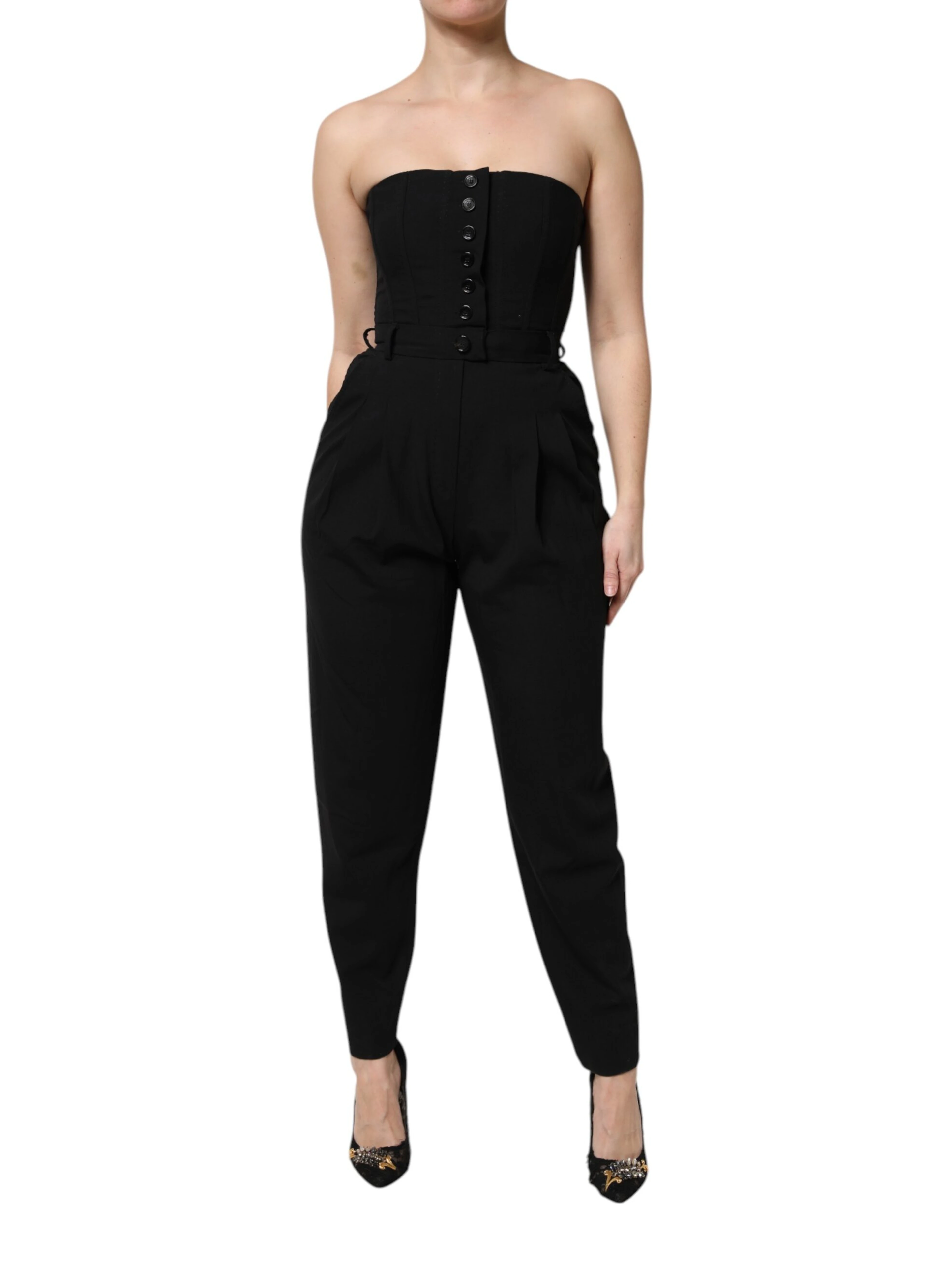 Black Wool Strapless Romper Jumpsuit Dress
