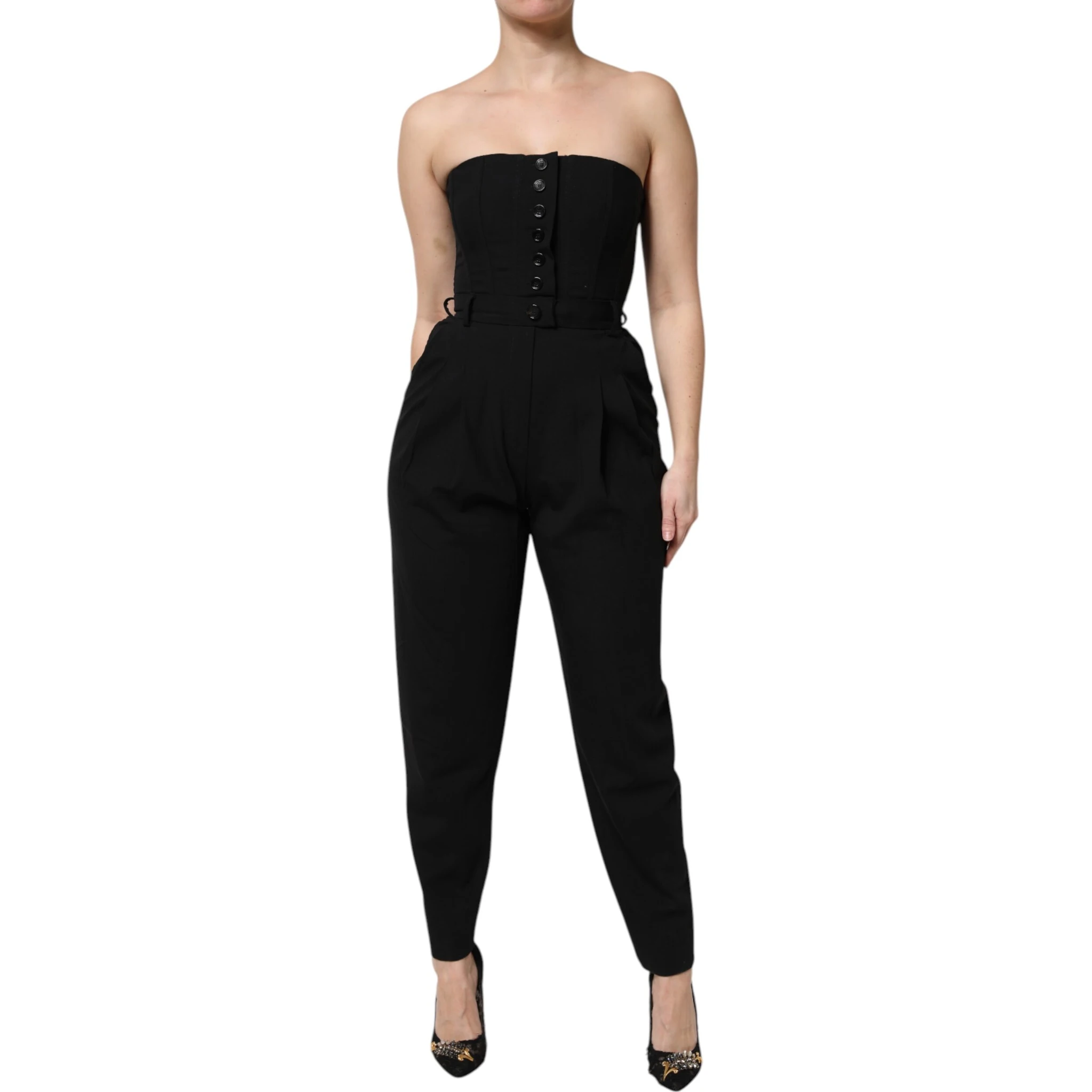 Black Wool Strapless Romper Jumpsuit Dress
