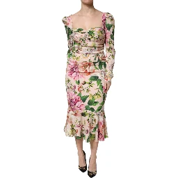 Pink Floral Silk Fit And Flared Midi Dress