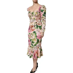 Pink Floral Silk Fit And Flared Midi Dress