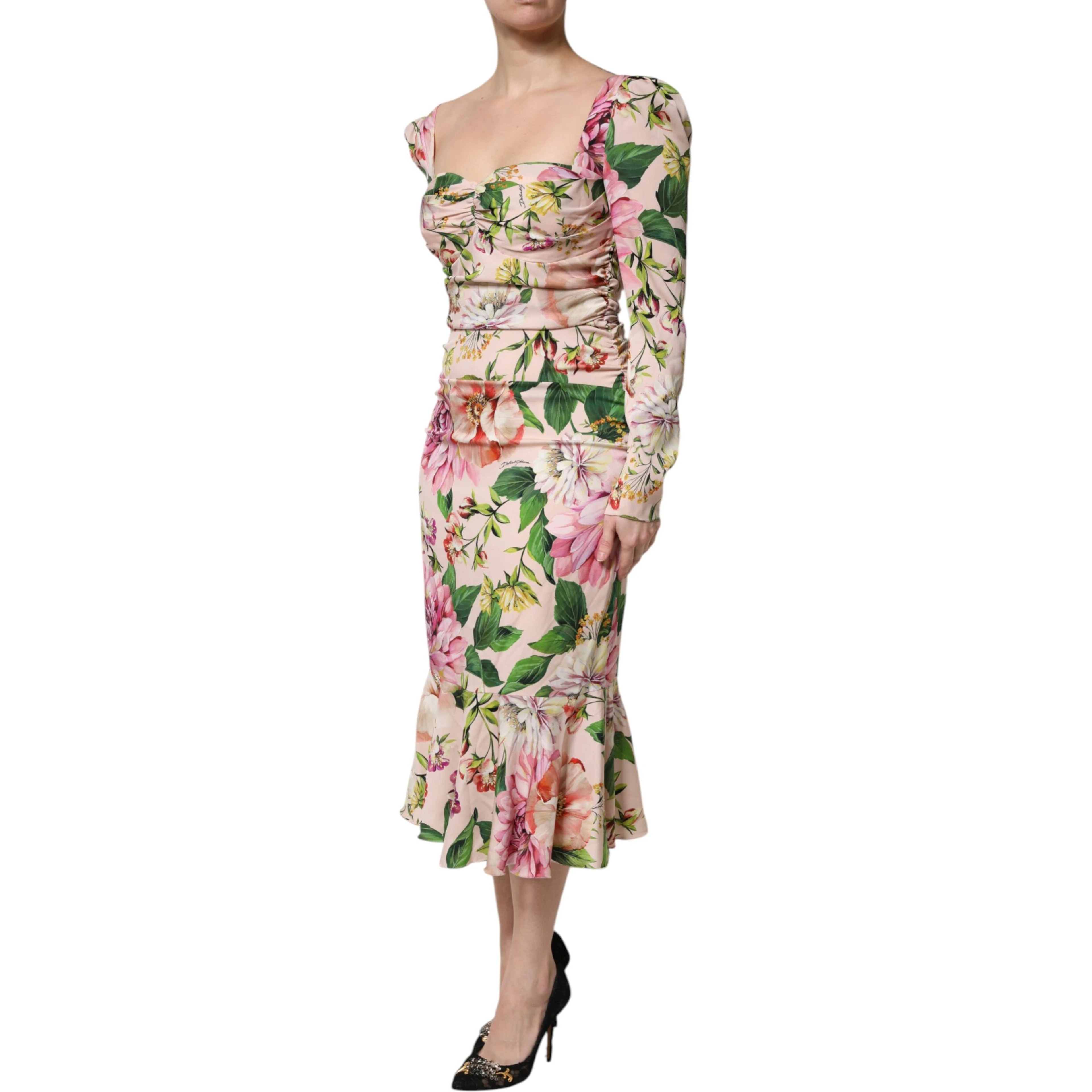 Pink Floral Silk Fit And Flared Midi Dress